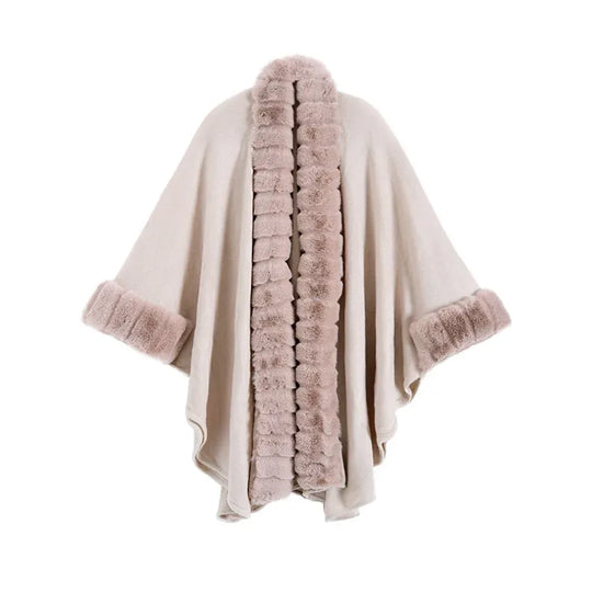Classic Oversized Knit Coat With Artificial Rabbit Fur Collar - Elegant Pullover Cloak in Monochrome - Allen-Fitness