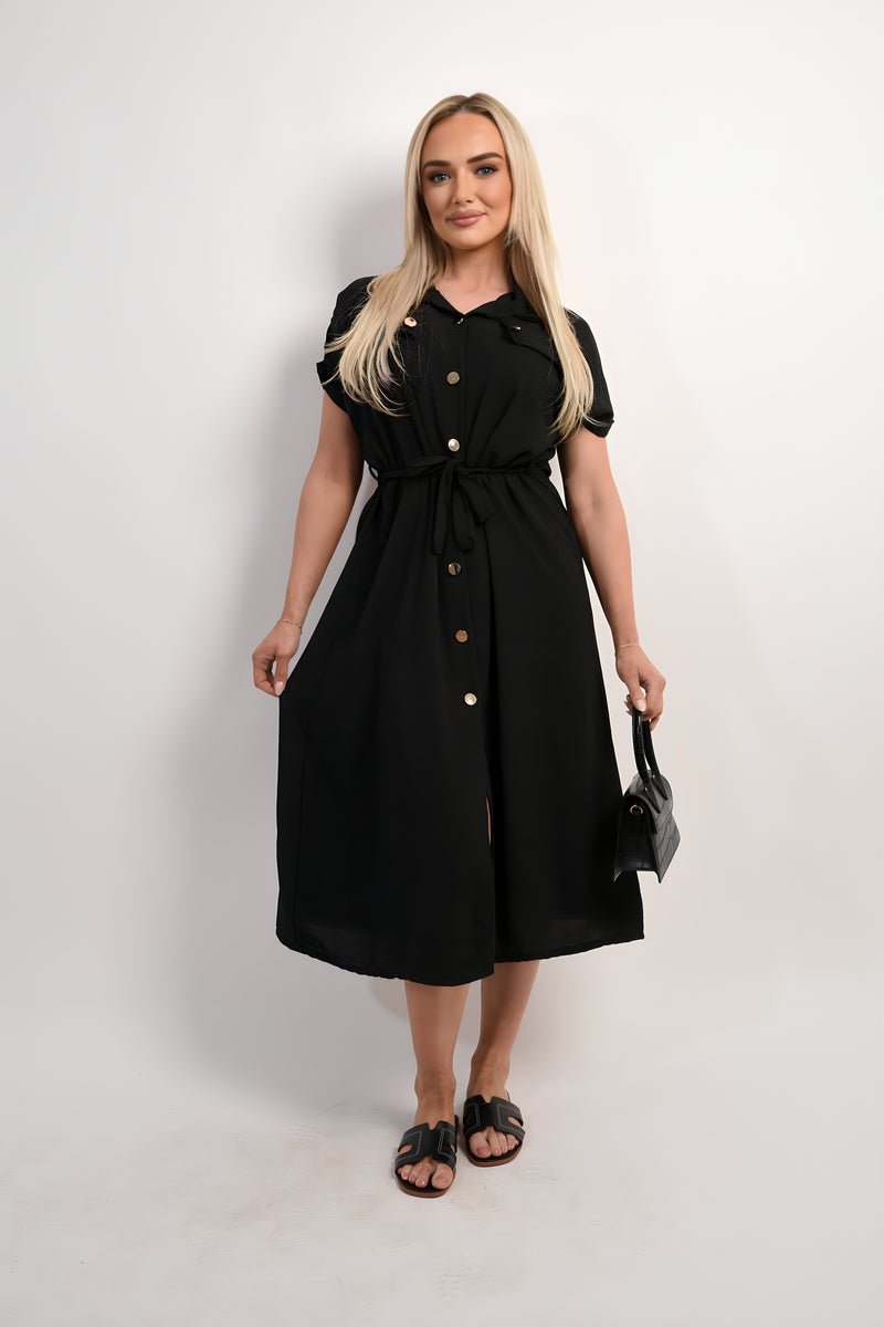Collared Button Down Short Sleeve Tie Waist Midi Dress - Allen - Fitness
