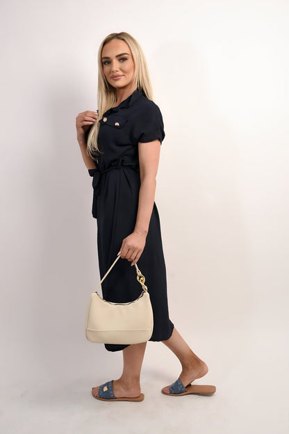 Collared Button Down Short Sleeve Tie Waist Midi Dress - Allen - Fitness