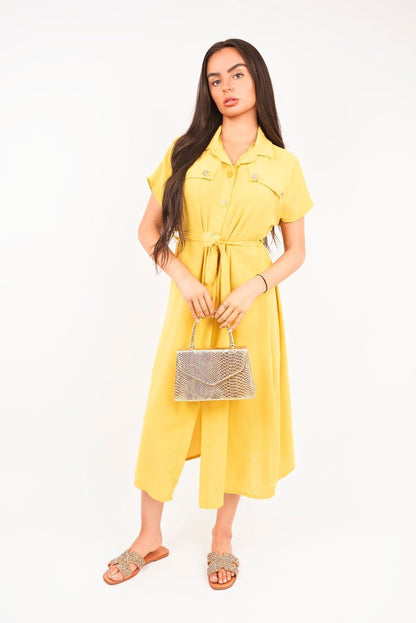 Collared Button Down Short Sleeve Tie Waist Midi Dress - Allen - Fitness