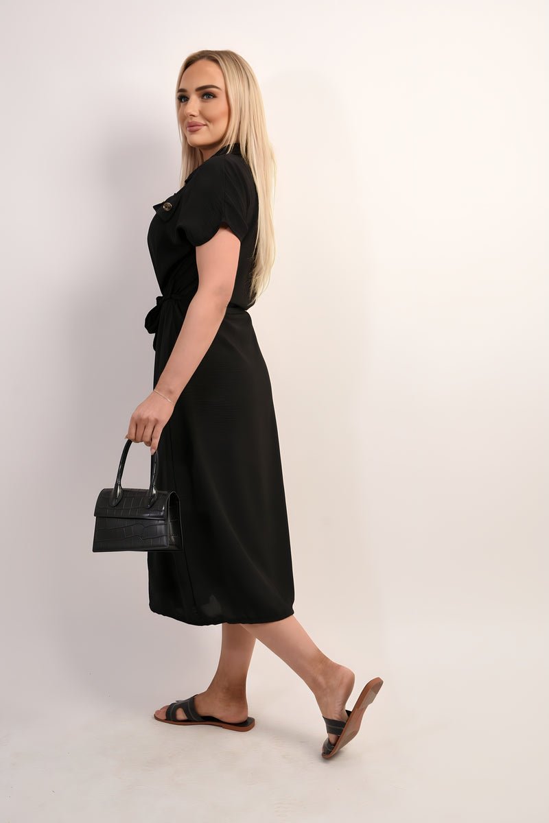 Collared Button Down Short Sleeve Tie Waist Midi Dress - Allen - Fitness
