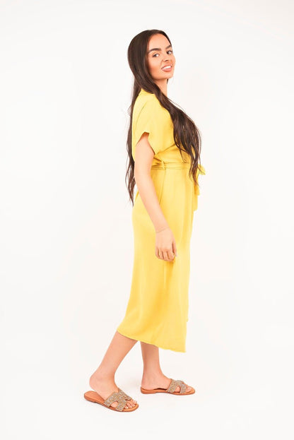 Collared Button Down Short Sleeve Tie Waist Midi Dress - Allen - Fitness