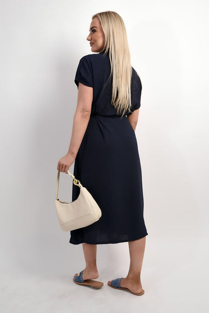 Collared Button Down Short Sleeve Tie Waist Midi Dress - Allen - Fitness