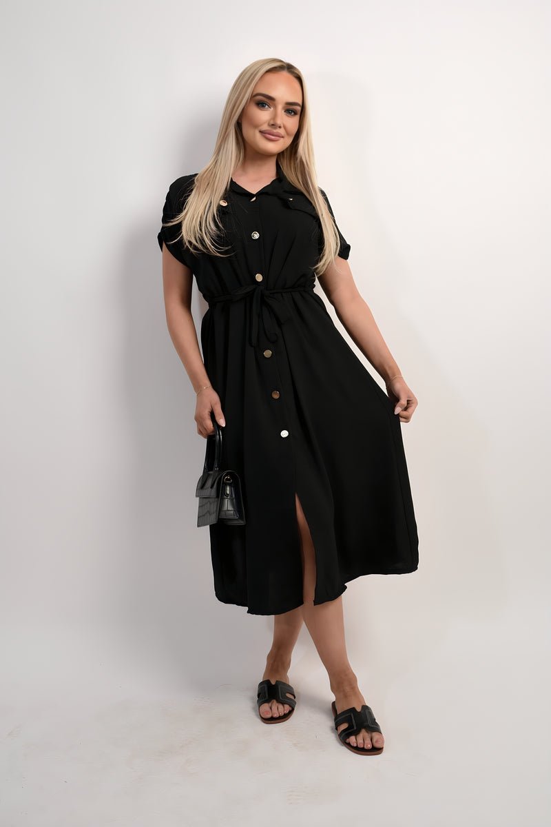 Collared Button Down Short Sleeve Tie Waist Midi Dress - Allen - Fitness