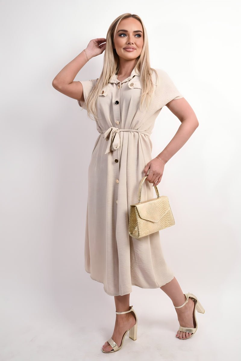 Collared Button Down Short Sleeve Tie Waist Midi Dress - Allen - Fitness