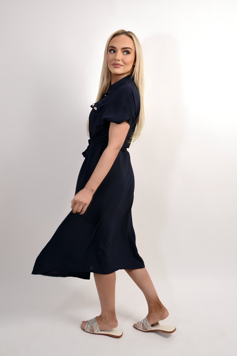 Collared Button Down Short Sleeve Tie Waist Midi Dress - Allen - Fitness