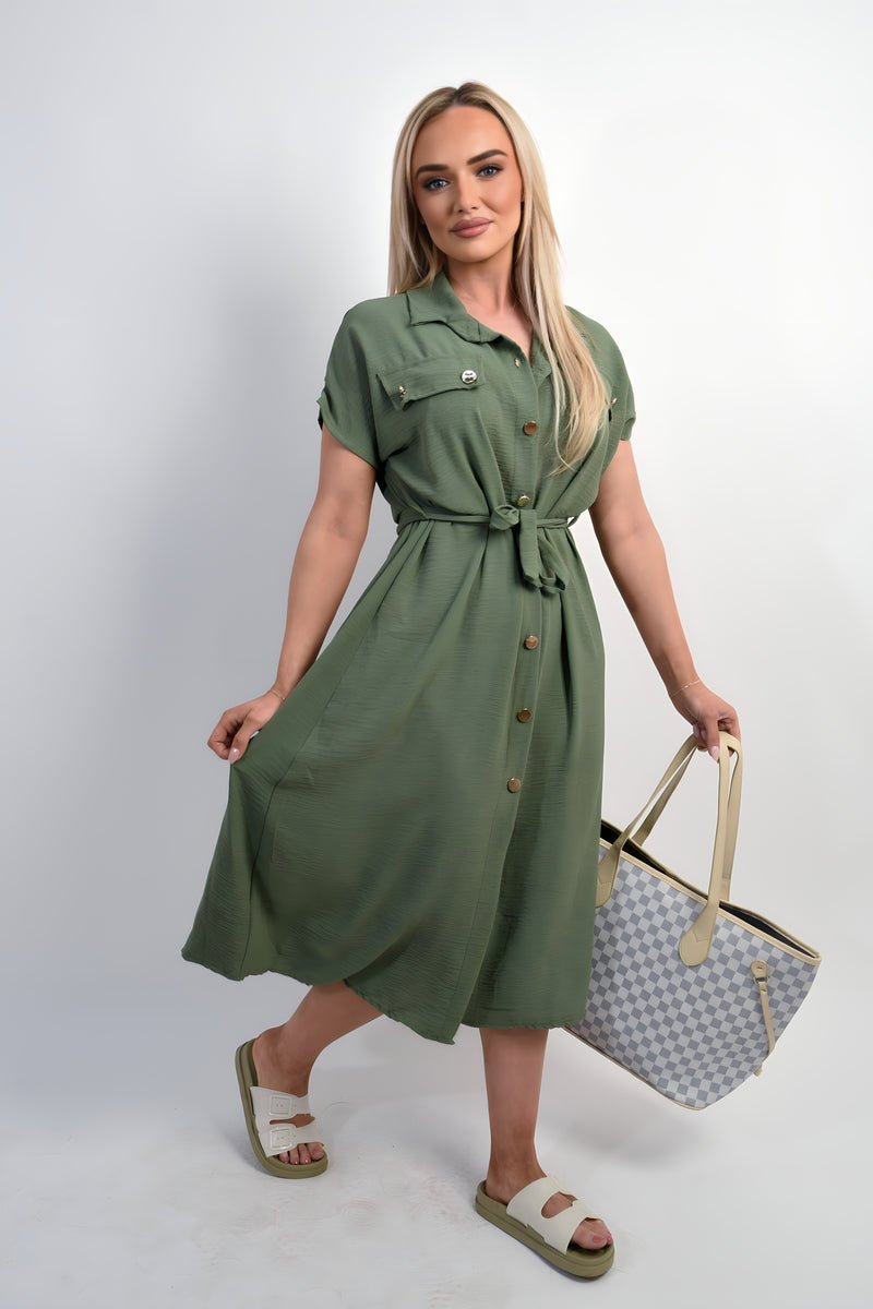 Collared Button Down Short Sleeve Tie Waist Midi Dress - Allen - Fitness