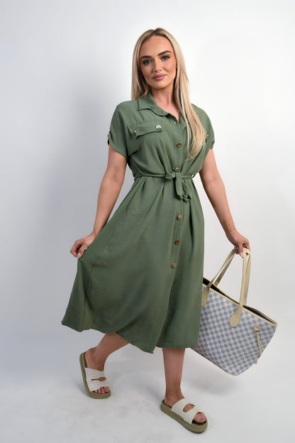 Collared Button Down Short Sleeve Tie Waist Midi Dress - Allen - Fitness