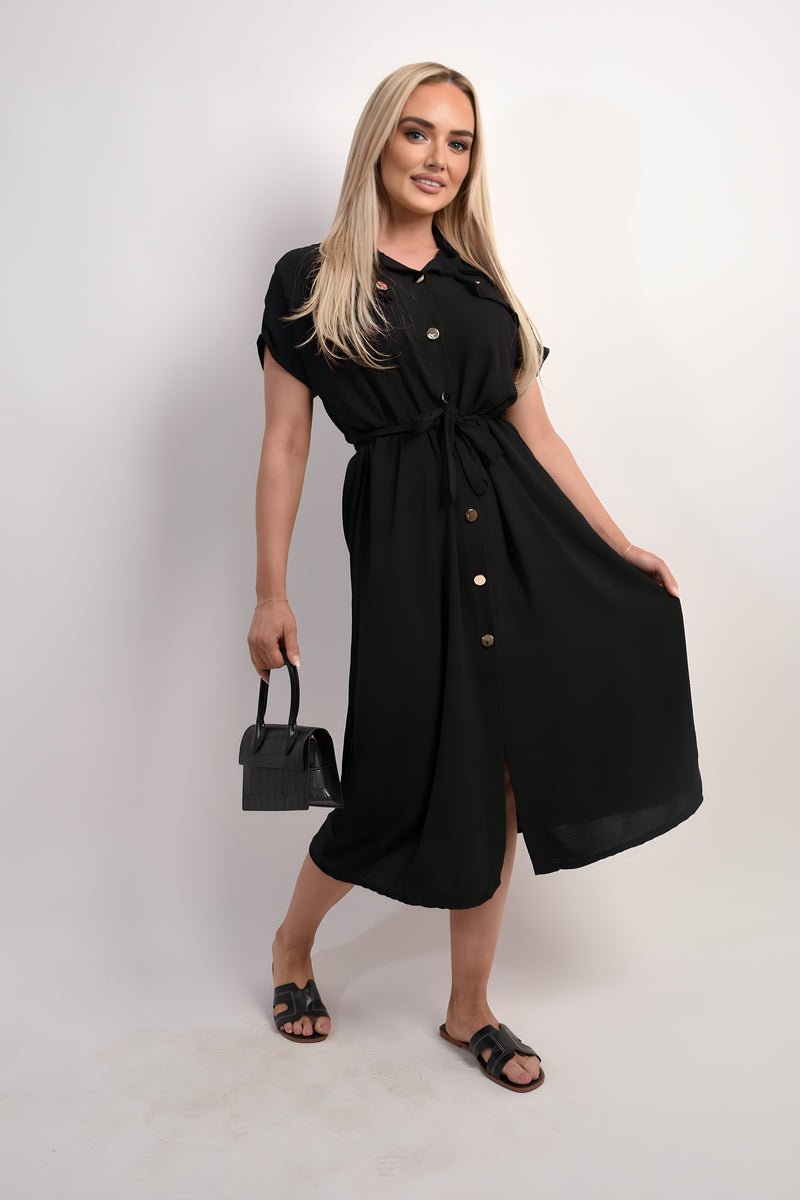 Collared Button Down Short Sleeve Tie Waist Midi Dress - Allen - Fitness