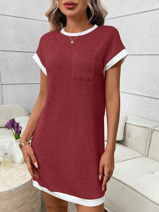 Contrast Trim Ribbed Knit Mini Dress with Pocket - Allen Fitness | Running Shoes, Leggings &amp; Activewear UK