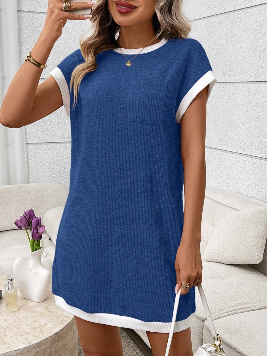 Contrast Trim Ribbed Knit Mini Dress with Pocket - Allen Fitness | Running Shoes, Leggings &amp; Activewear UK
