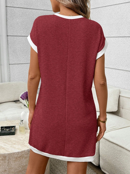 Contrast Trim Ribbed Knit Mini Dress with Pocket - Allen Fitness | Running Shoes, Leggings &amp; Activewear UK