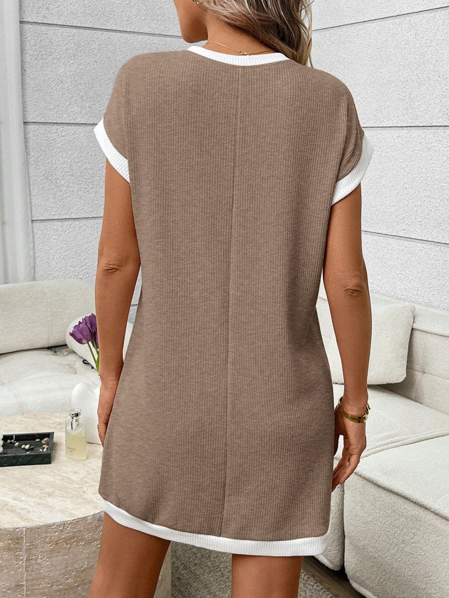 Contrast Trim Ribbed Knit Mini Dress with Pocket - Allen Fitness | Running Shoes, Leggings &amp; Activewear UK
