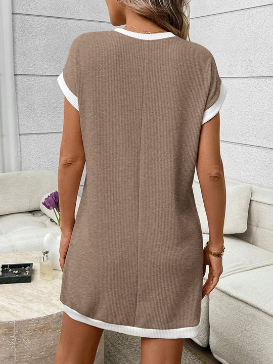 Contrast Trim Ribbed Knit Mini Dress with Pocket - Allen Fitness | Running Shoes, Leggings &amp; Activewear UK