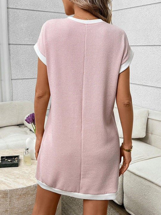Contrast Trim Ribbed Knit Mini Dress with Pocket - Allen Fitness | Running Shoes, Leggings &amp; Activewear UK