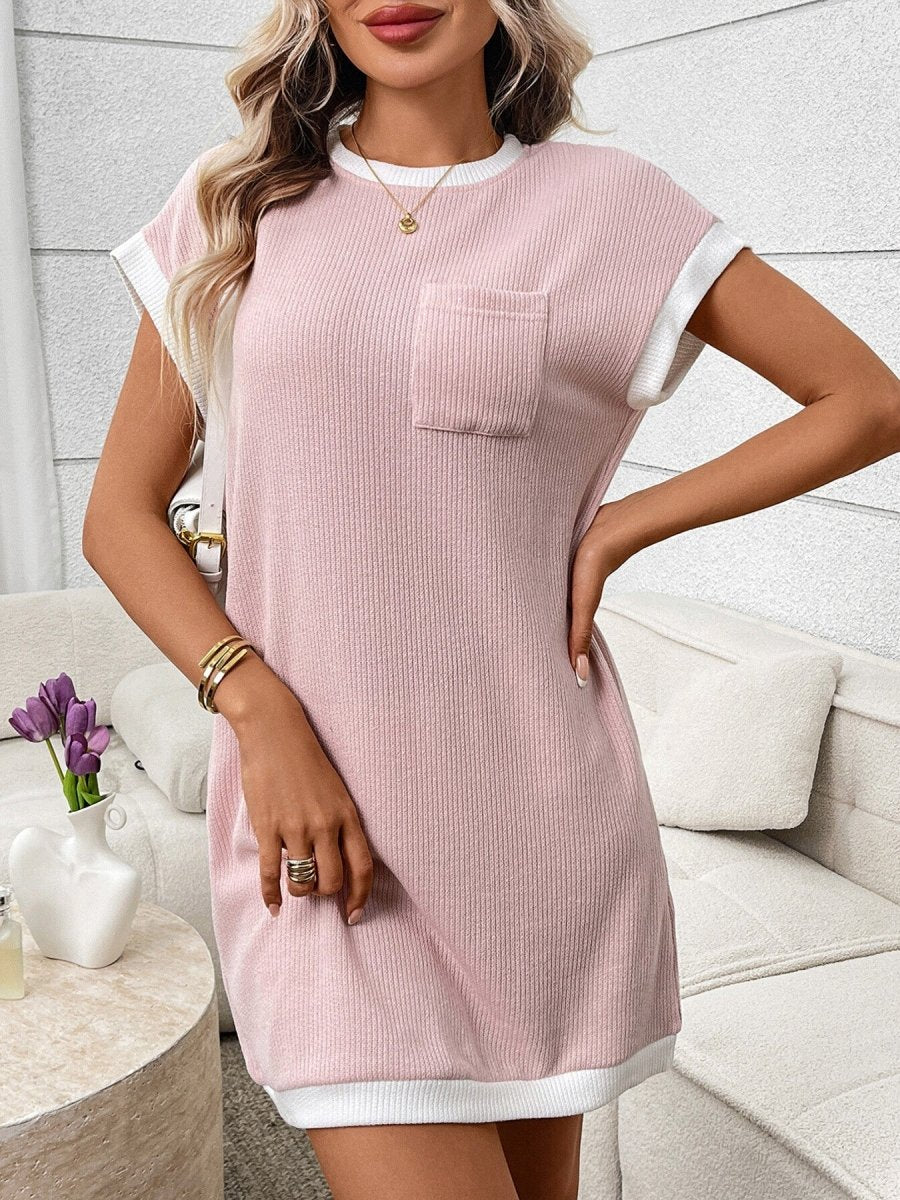 Contrast Trim Ribbed Knit Mini Dress with Pocket - Allen Fitness | Running Shoes, Leggings &amp; Activewear UK