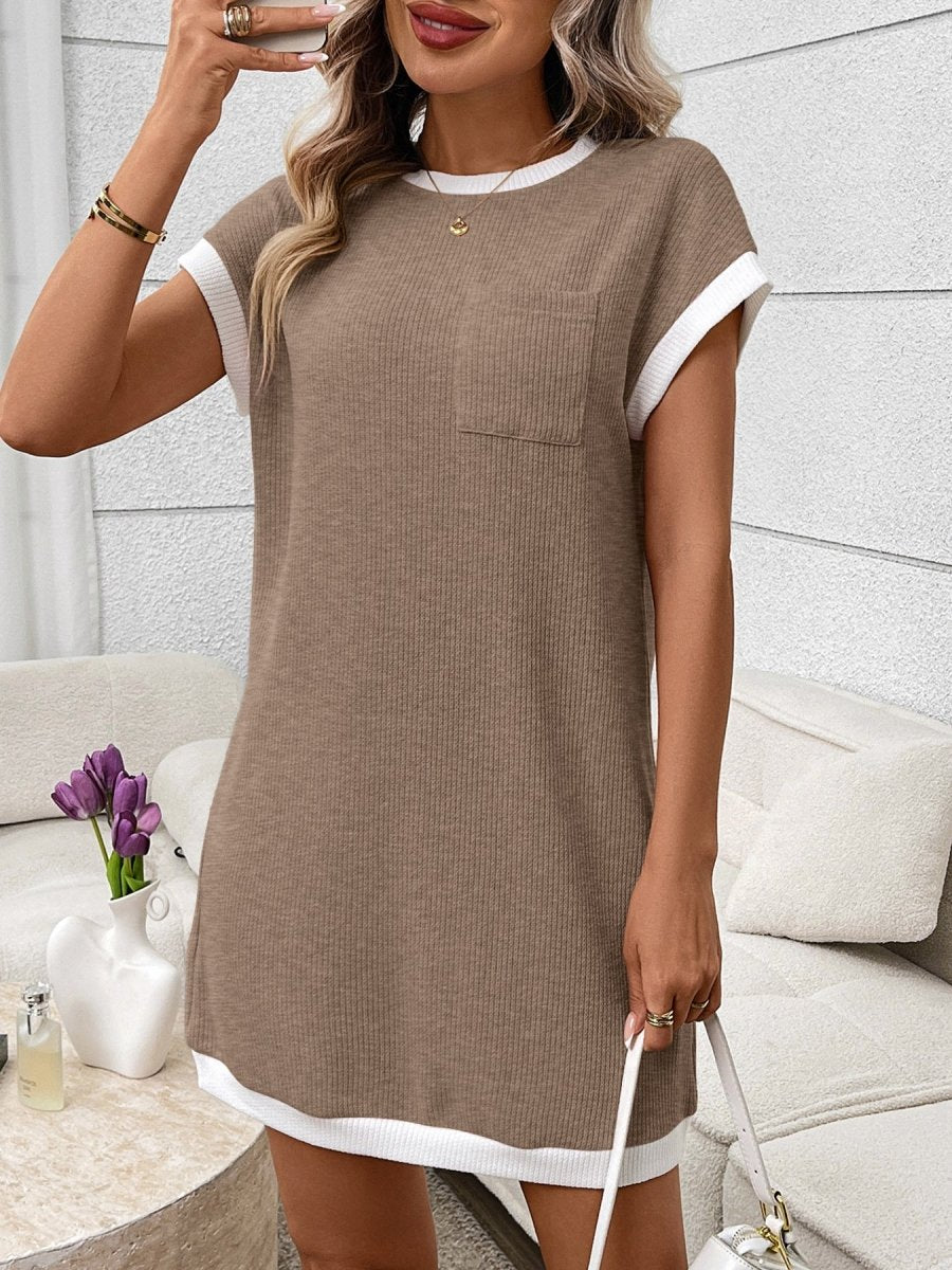 Contrast Trim Ribbed Knit Mini Dress with Pocket - Allen Fitness | Running Shoes, Leggings &amp; Activewear UK