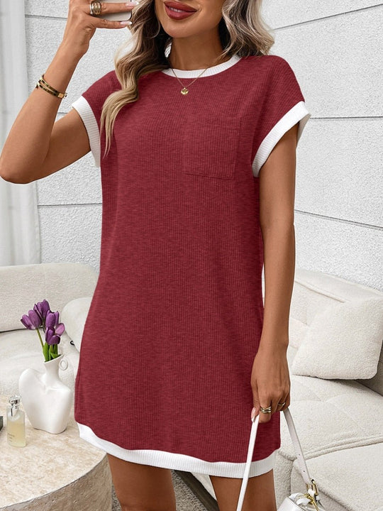 Contrast Trim Ribbed Knit Mini Dress with Pocket - Allen Fitness | Running Shoes, Leggings &amp; Activewear UK