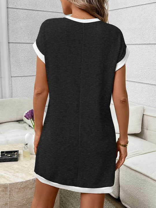 Contrast Trim Ribbed Knit Mini Dress with Pocket - Allen Fitness | Running Shoes, Leggings &amp; Activewear UK