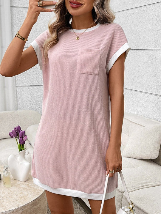 Contrast Trim Ribbed Knit Mini Dress with Pocket - Allen Fitness | Running Shoes, Leggings &amp; Activewear UK