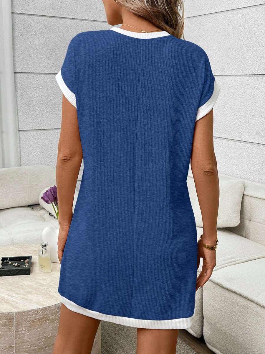 Contrast Trim Ribbed Knit Mini Dress with Pocket - Allen Fitness | Running Shoes, Leggings &amp; Activewear UK