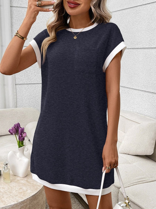 Contrast Trim Ribbed Knit Mini Dress with Pocket - Allen Fitness | Running Shoes, Leggings &amp; Activewear UK