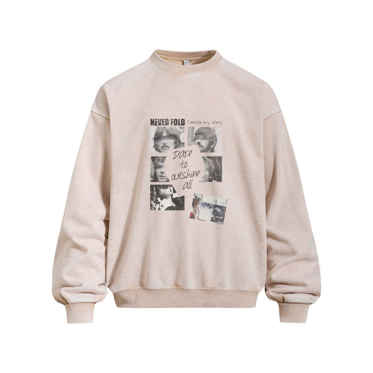 Creative Portrait Print Long Sleeve Crew Neck Washed Vintage Men's Pullover Sweatshirt - Premium Fitness & Activewear