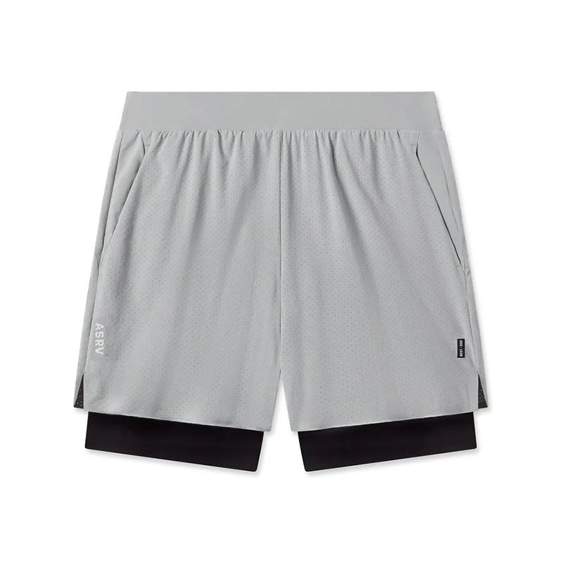 Cross-Border In-Stock Summer Men's Shorts American-Style Youth Double-Layer Sports Shorts Men's Laser-Perforated Running Basketball Shorts - Premium Fitness & Activewear