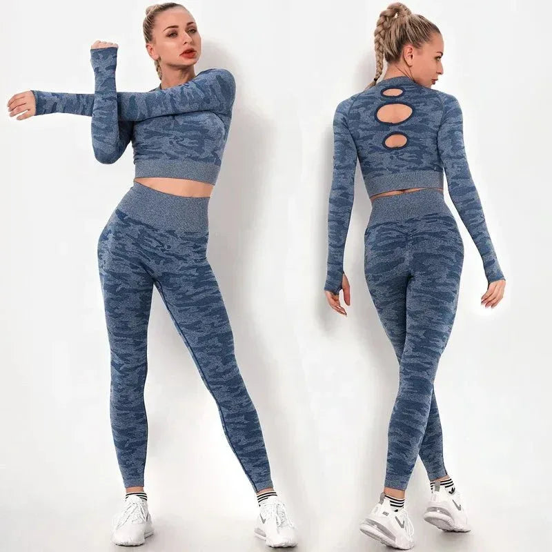Women workout Long sleeve clothes high waist sport woman fitness and seamless printed yoga gym wear Leggings sets - Allen-Fitness