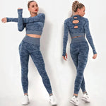 Women workout Long sleeve clothes high waist sport woman fitness and seamless printed yoga gym wear Leggings sets - Allen-Fitness