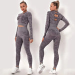 Women workout Long sleeve clothes high waist sport woman fitness and seamless printed yoga gym wear Leggings sets - Allen-Fitness