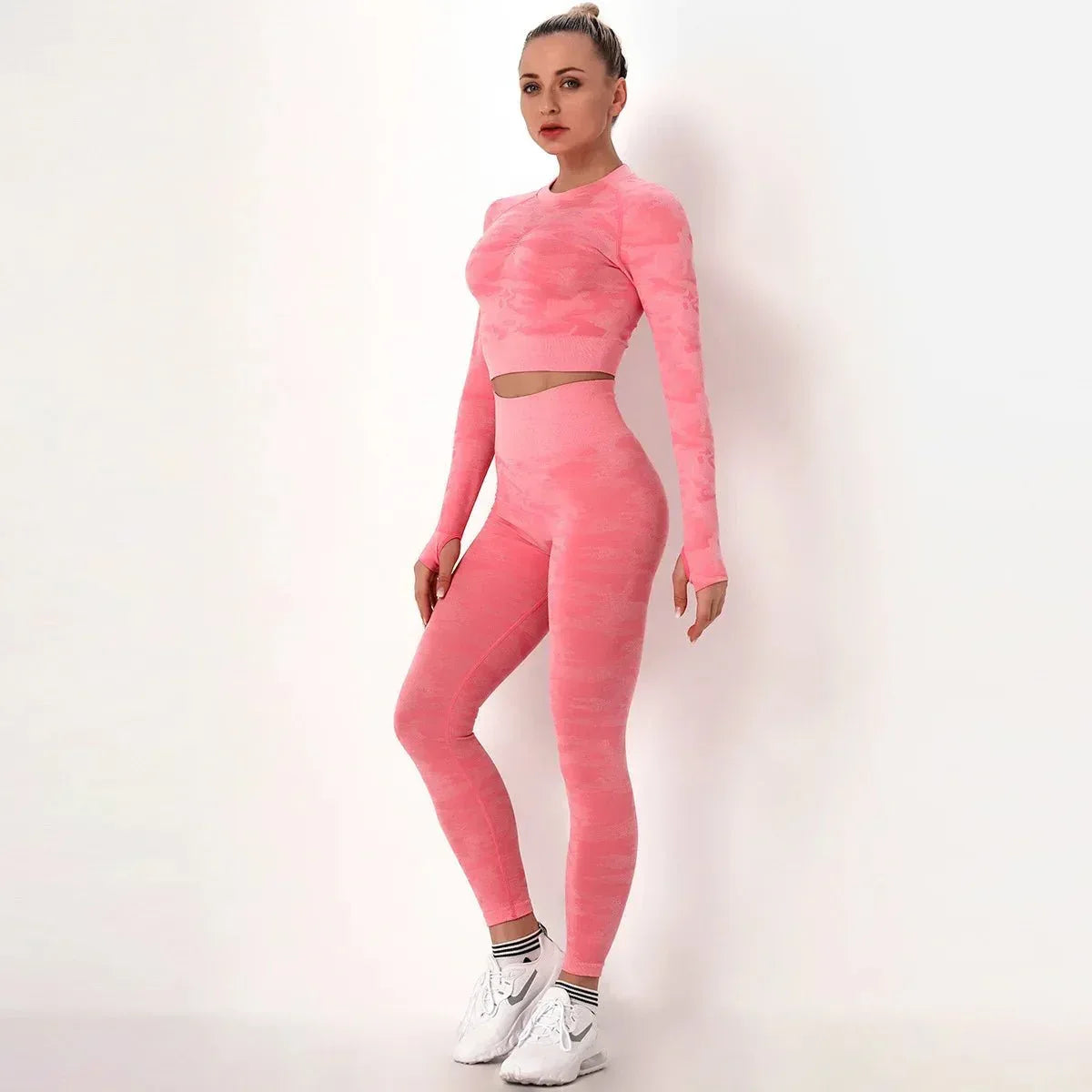Women workout Long sleeve clothes high waist sport woman fitness and seamless printed yoga gym wear Leggings sets - Allen-Fitness