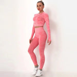 Women workout Long sleeve clothes high waist sport woman fitness and seamless printed yoga gym wear Leggings sets - Allen-Fitness