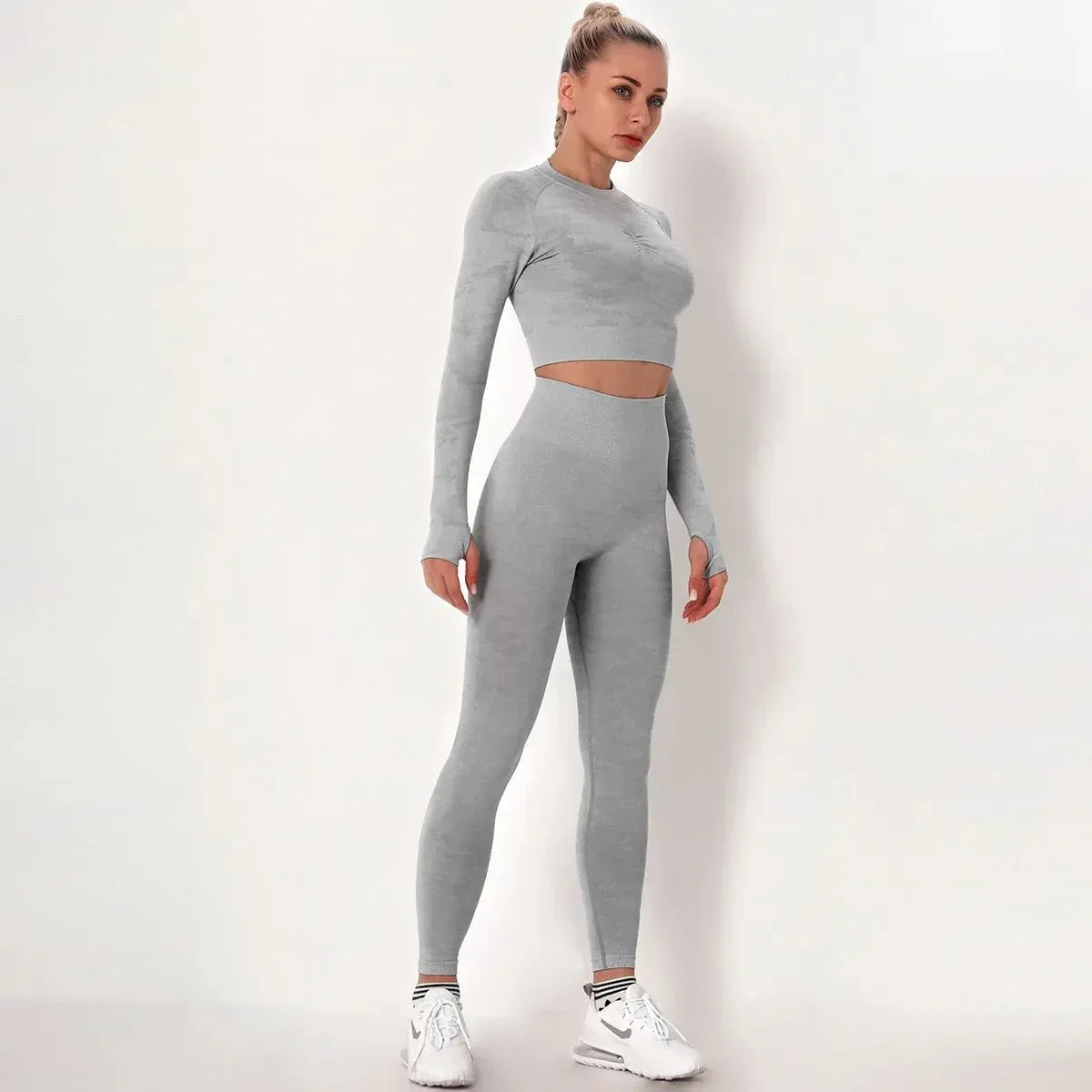 Women workout Long sleeve clothes high waist sport woman fitness and seamless printed yoga gym wear Leggings sets - Allen-Fitness