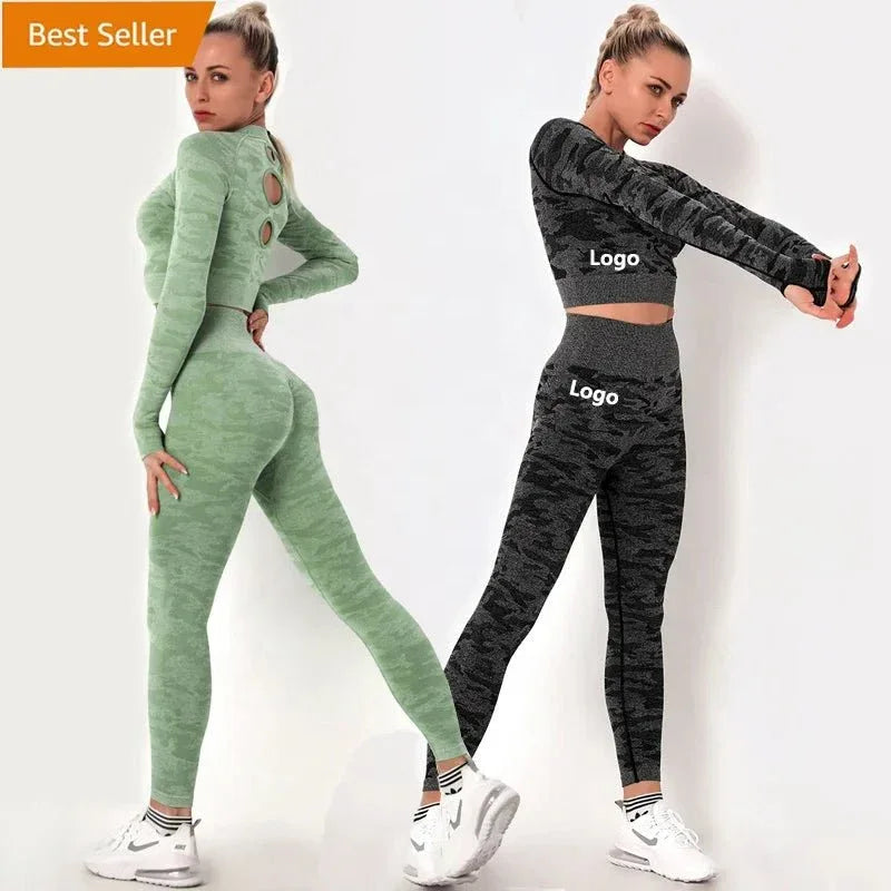 Women workout Long sleeve clothes high waist sport woman fitness and seamless printed yoga gym wear Leggings sets - Allen-Fitness