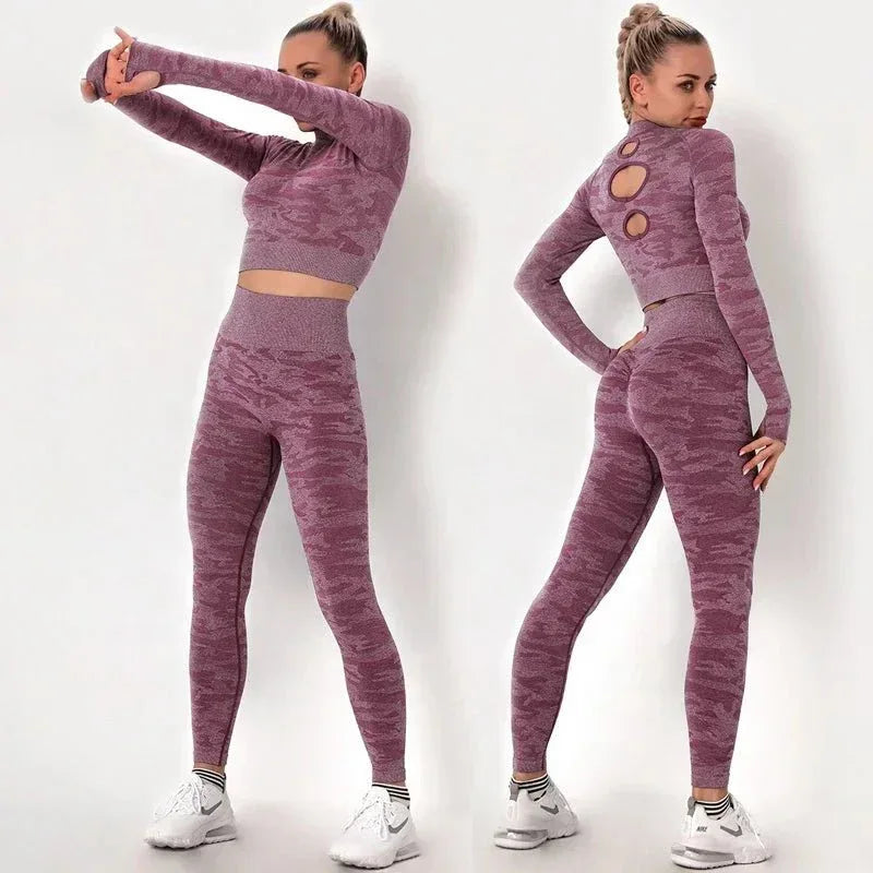 Women workout Long sleeve clothes high waist sport woman fitness and seamless printed yoga gym wear Leggings sets - Allen-Fitness