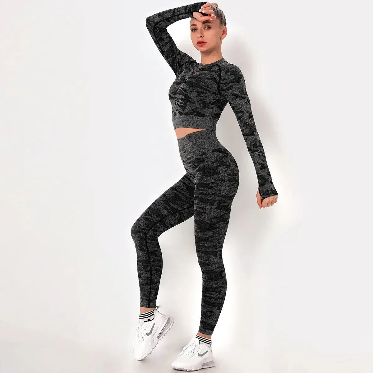 Women workout Long sleeve clothes high waist sport woman fitness and seamless printed yoga gym wear Leggings sets - Allen-Fitness