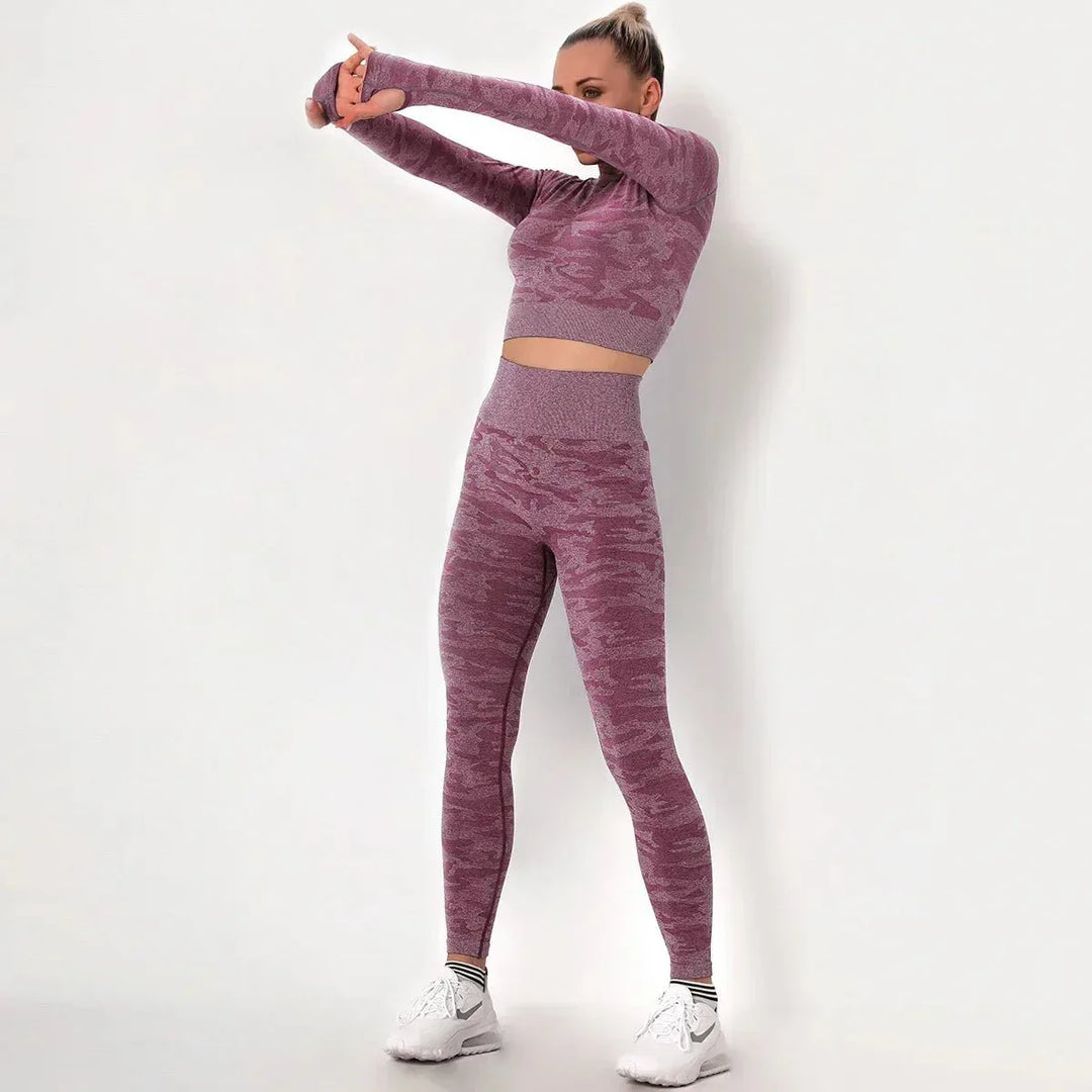Women workout Long sleeve clothes high waist sport woman fitness and seamless printed yoga gym wear Leggings sets