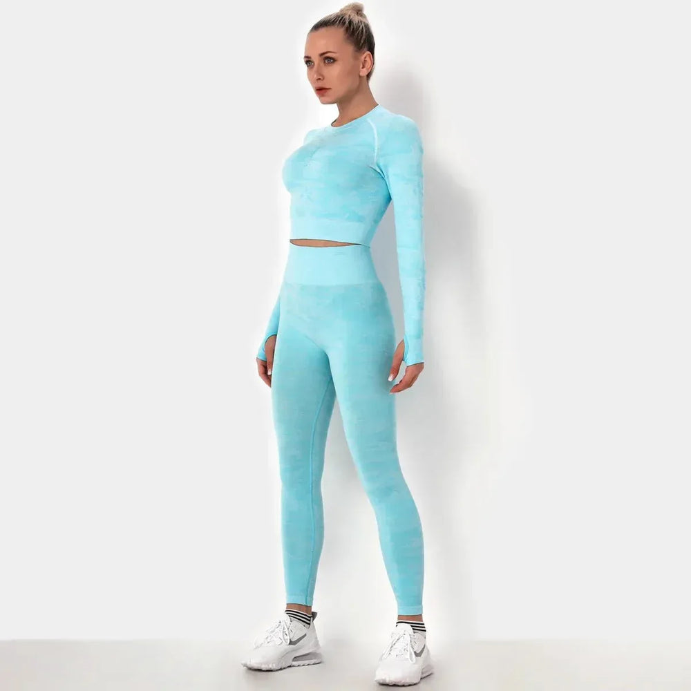 Women workout Long sleeve clothes high waist sport woman fitness and seamless printed yoga gym wear Leggings sets - Allen-Fitness
