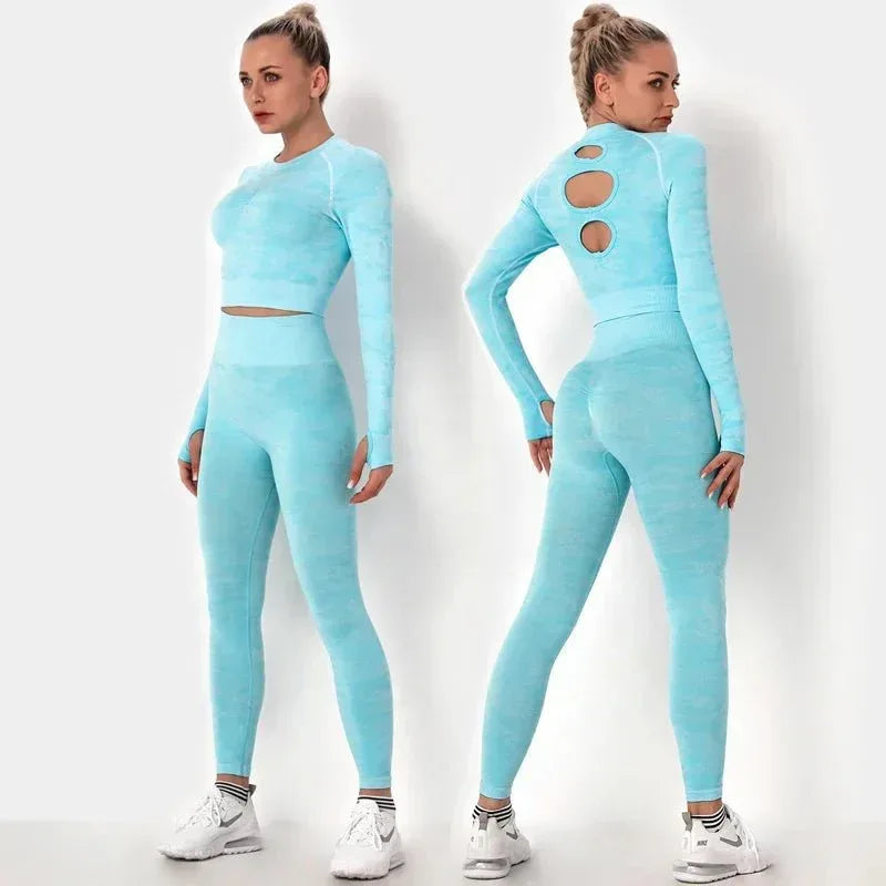 Women workout Long sleeve clothes high waist sport woman fitness and seamless printed yoga gym wear Leggings sets - Allen-Fitness