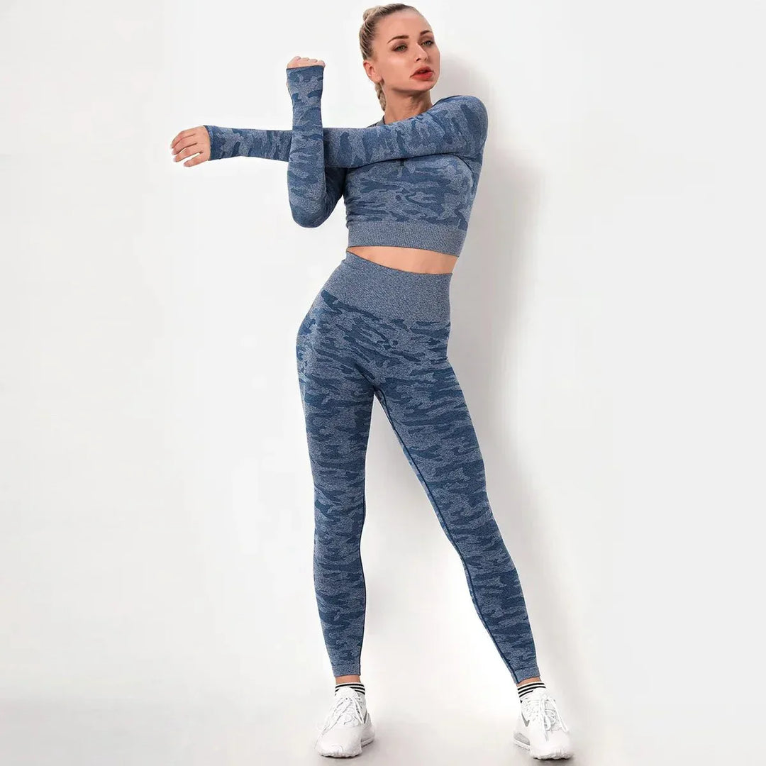 Women workout Long sleeve clothes high waist sport woman fitness and seamless printed yoga gym wear Leggings sets