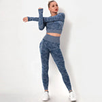 Women workout Long sleeve clothes high waist sport woman fitness and seamless printed yoga gym wear Leggings sets - Allen-Fitness