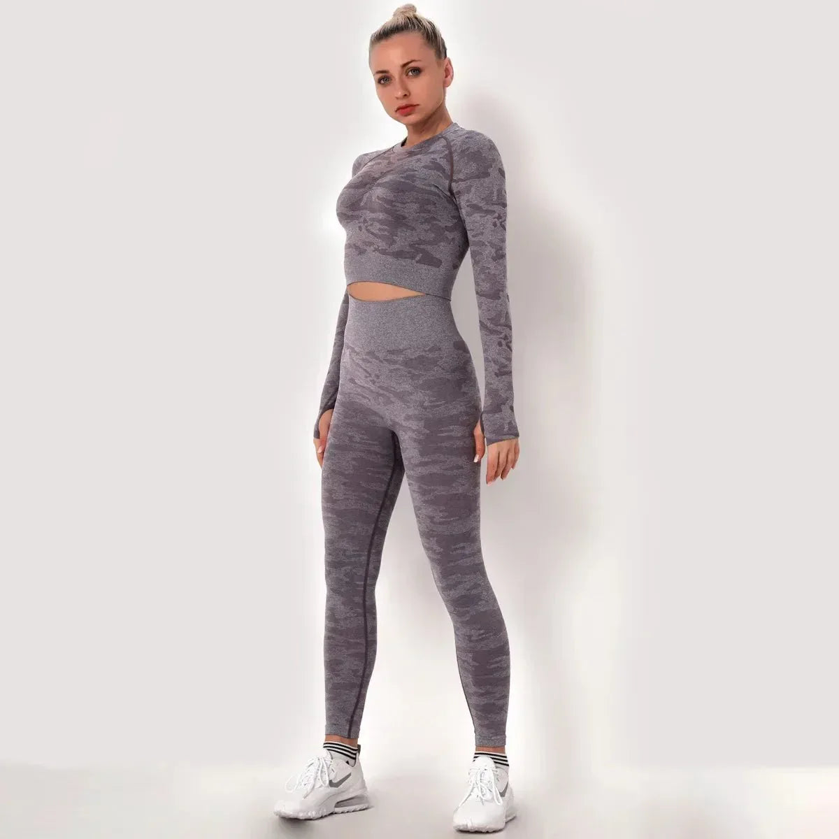 Women workout Long sleeve clothes high waist sport woman fitness and seamless printed yoga gym wear Leggings sets - Allen-Fitness