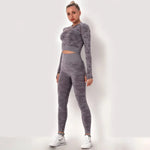 Women workout Long sleeve clothes high waist sport woman fitness and seamless printed yoga gym wear Leggings sets - Allen-Fitness