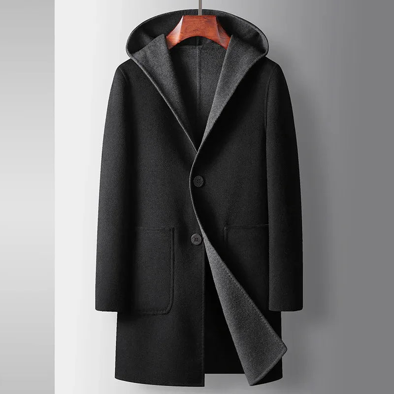 Mens Mid-Length Wool Coat With A Hood Reversible Style - Allen-Fitness