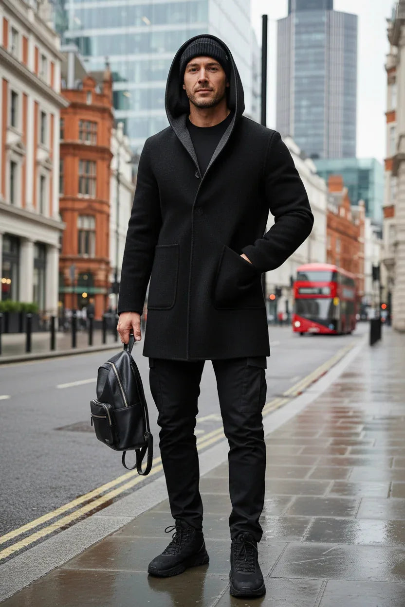 Mens Mid-Length Wool Coat With A Hood Reversible Style - Allen-Fitness