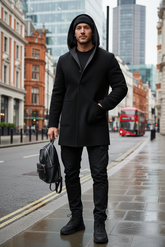 Stylish Mens Mid-Length Wool Coat With A Hood, reversible design showcasing a sophisticated look.