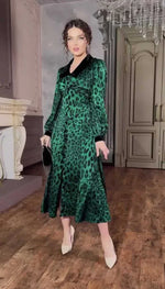 Dark Green Leopard Print Dress with Long Sleeves and Belted Waist - Sizes S to XXL - Allen-Fitness