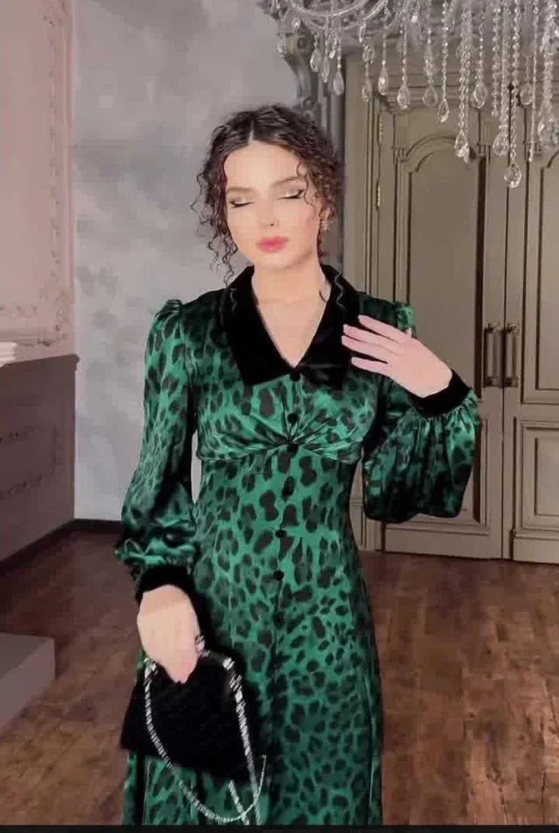 Dark Green Leopard Print Dress with Long Sleeves and Belted Waist - Sizes S to XXL - Allen-Fitness
