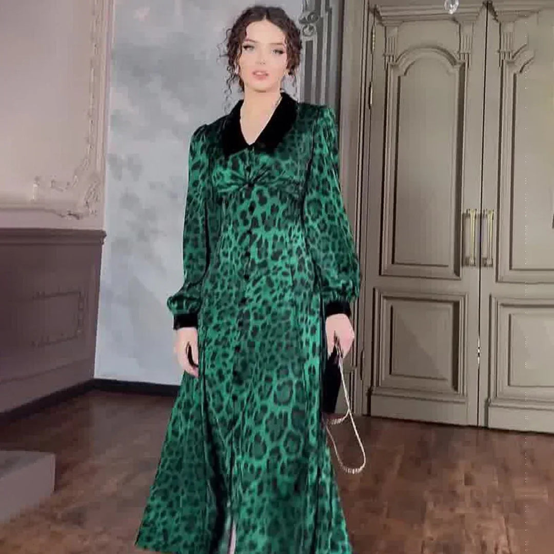 Dark Green Leopard Print Dress with Long Sleeves and Belted Waist - Sizes S to XXL - Allen-Fitness